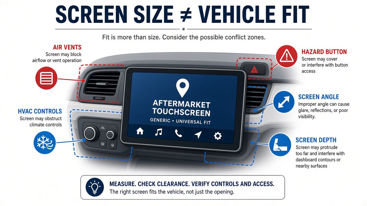 Floating display clearance for vents HVAC hazard button angle and depth