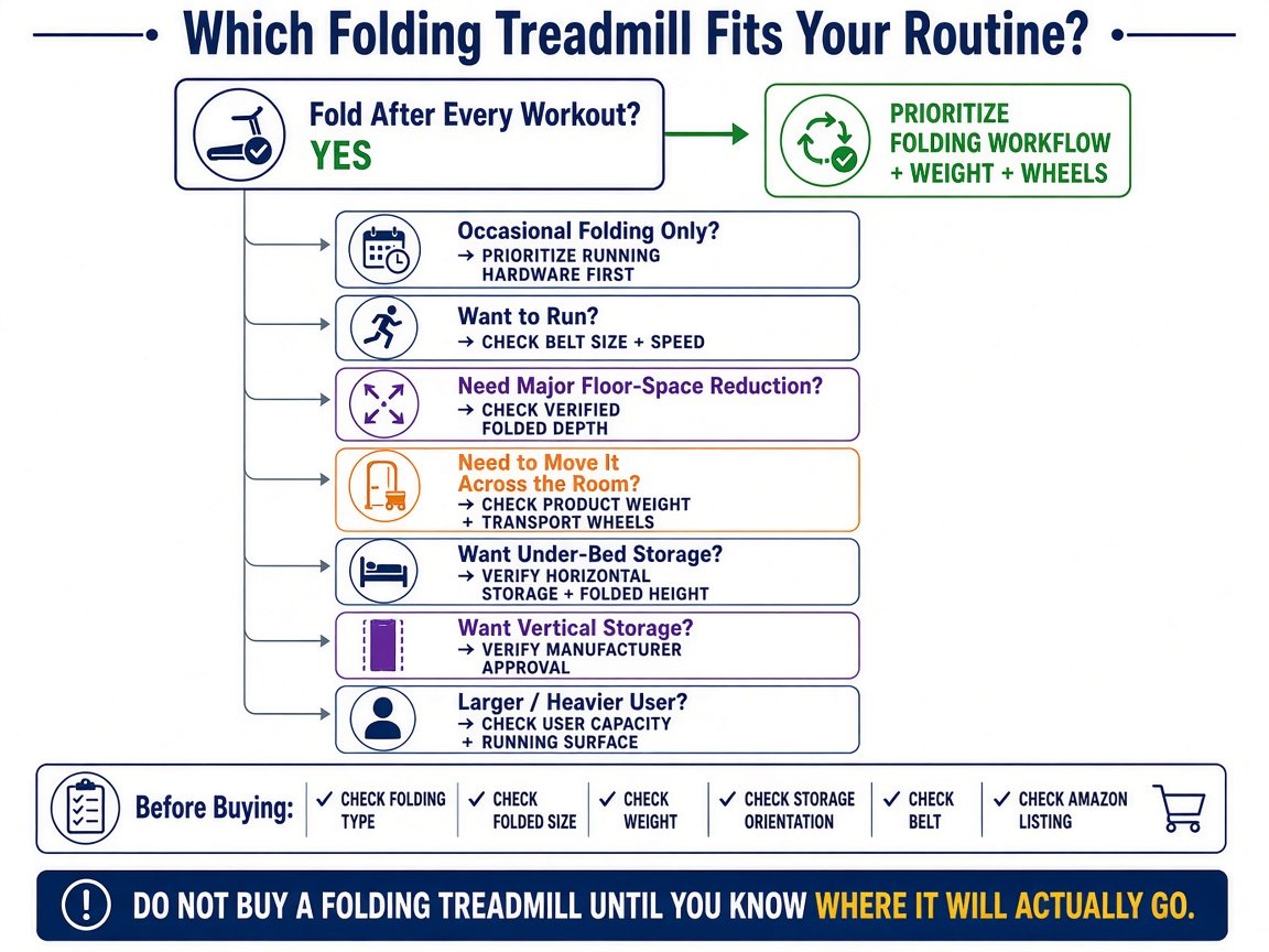 Decision infographic: which folding treadmill fits your routine based on fold frequency, belt, weight, and storage