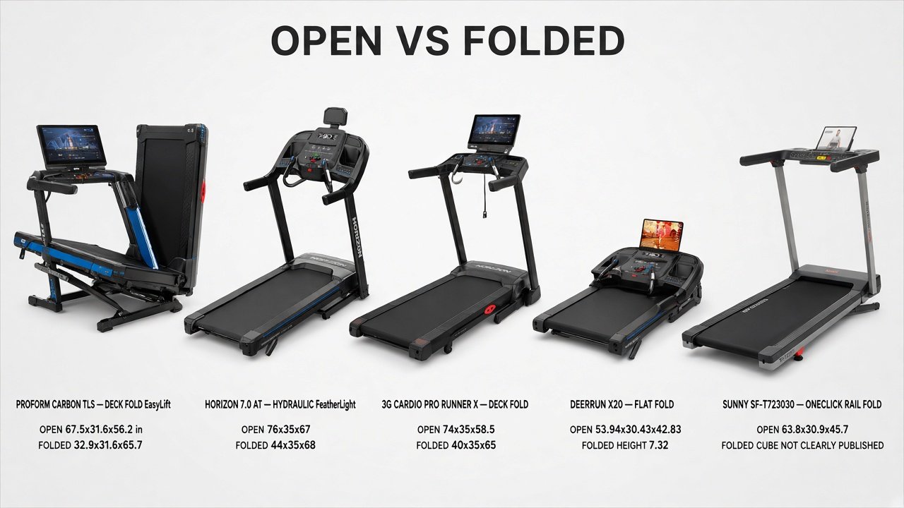 Five current folding home treadmills: ProForm Carbon TLS, Horizon 7.0 AT, 3G Cardio Pro Runner X, DeerRun X20, Sunny SF-T723030
