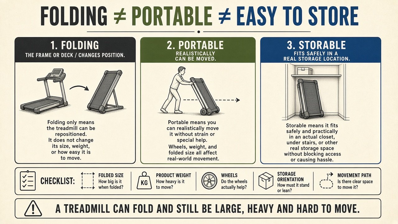 Graphic explaining that folding, portable, and storable are three different treadmill ideas
