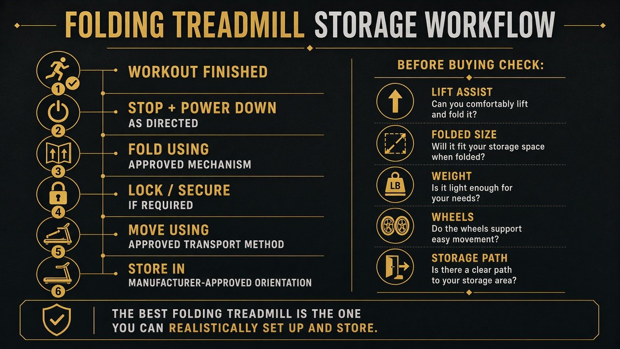Graphic of a folding treadmill storage workflow from power-down through approved storage orientation