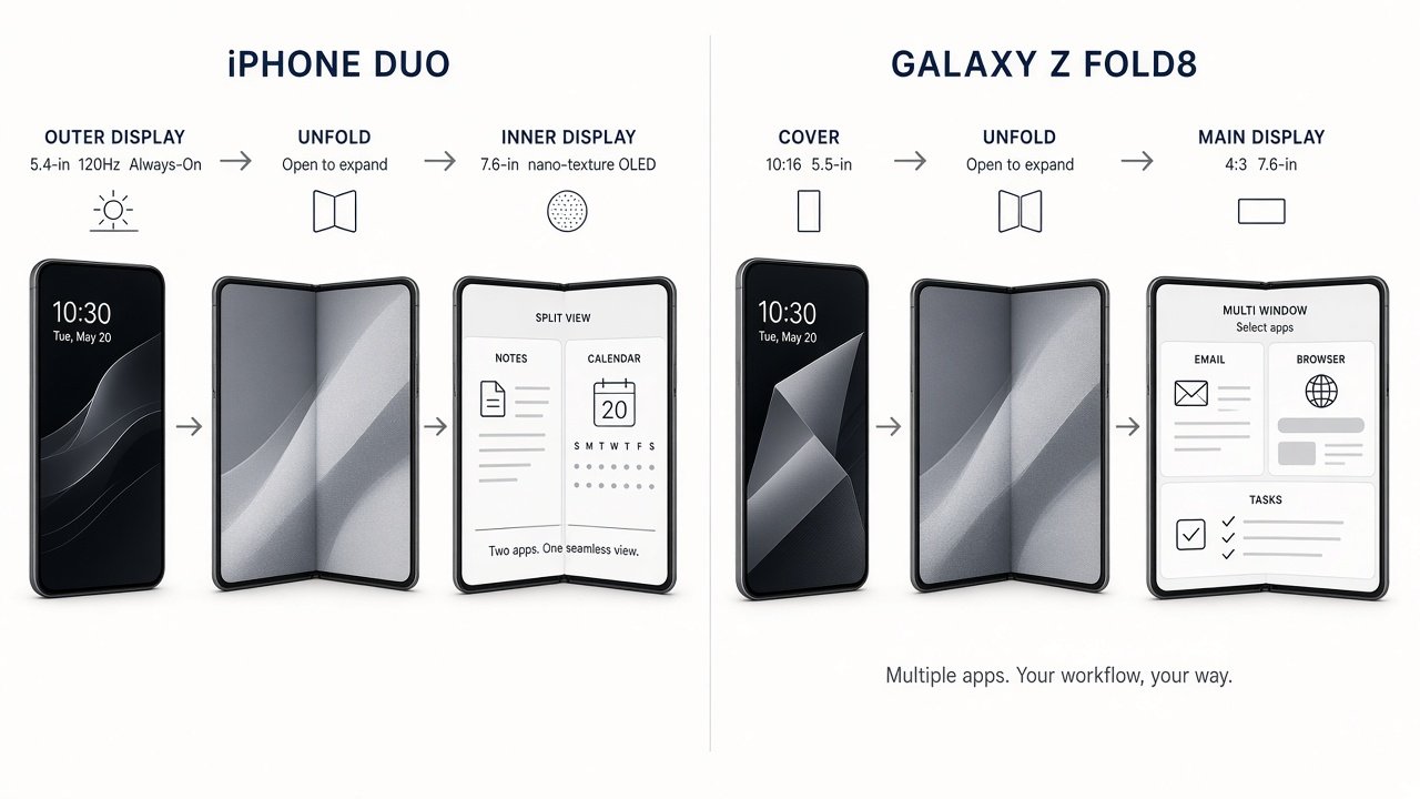 Conceptual outer-to-inner display and multi-app workflow for iPhone Duo and Galaxy Z Fold 8