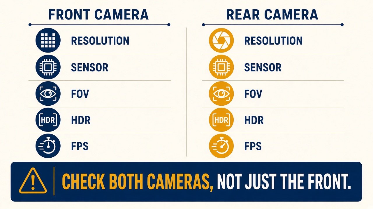 Front versus rear dash cam resolution sensor FOV HDR and FPS
