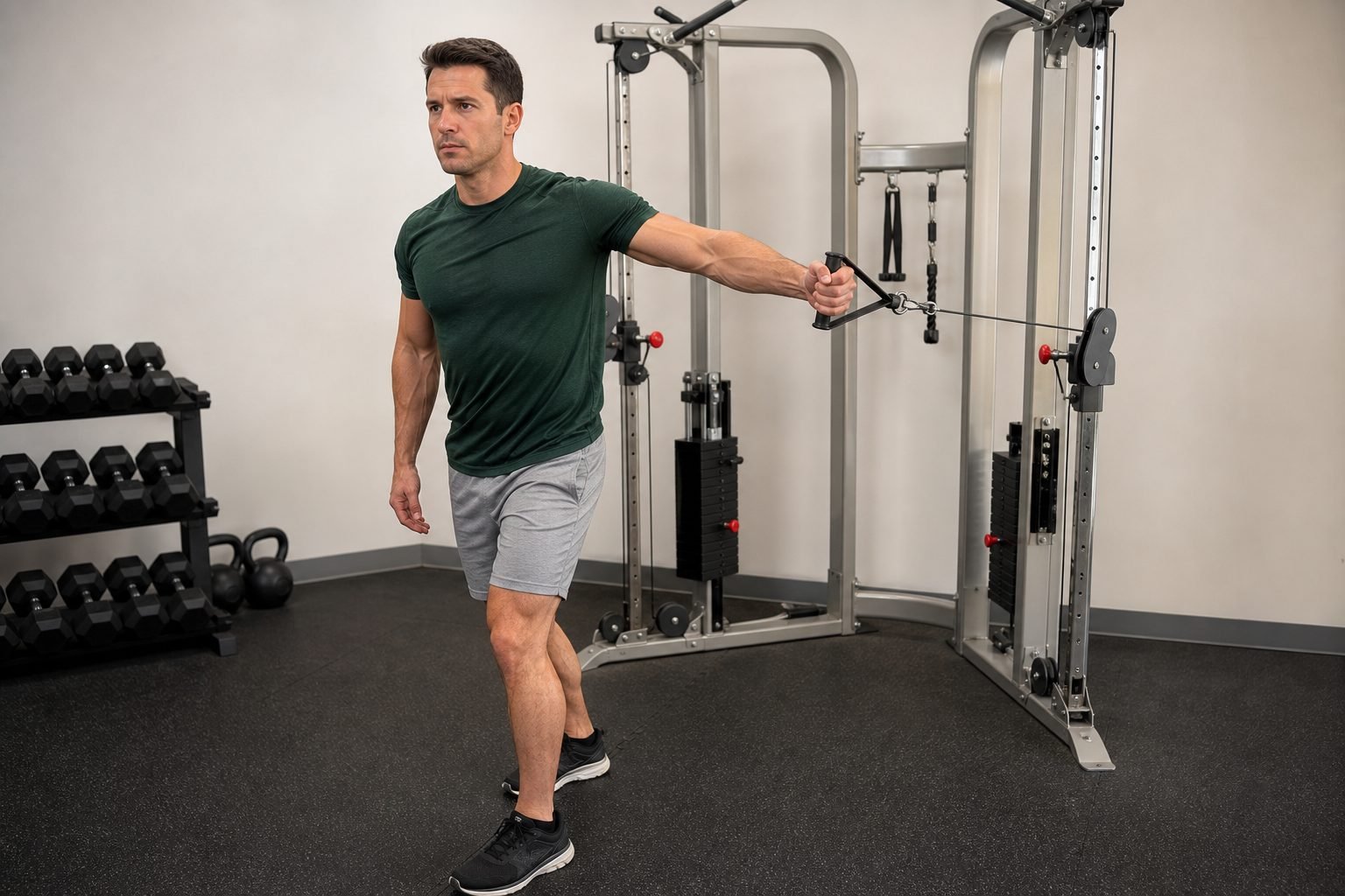 Standing single-arm cable fly on a compact dual-stack functional trainer
