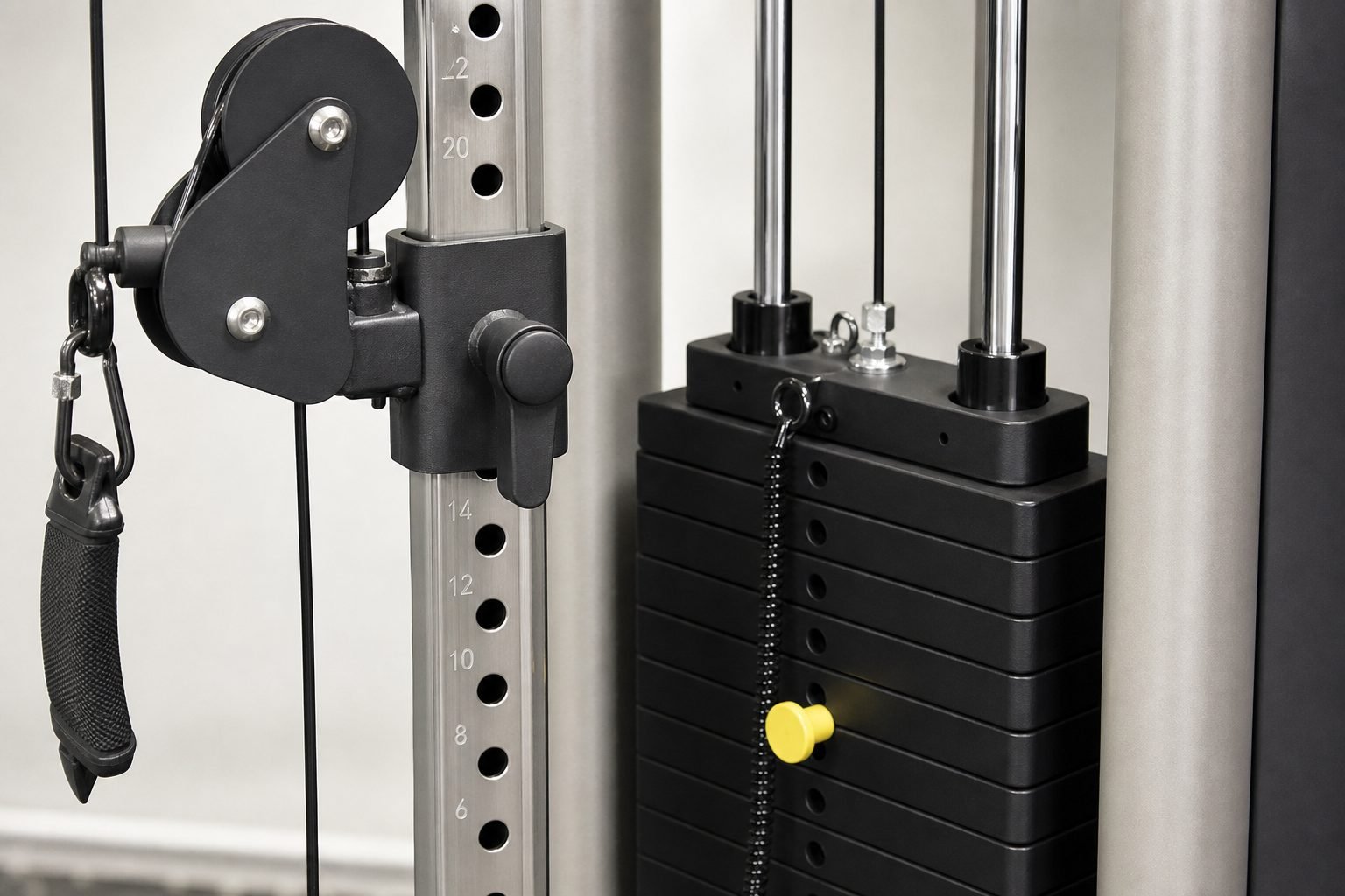 Adjustable pulley, height holes, cable, and selectorized weight stack on a compact functional trainer