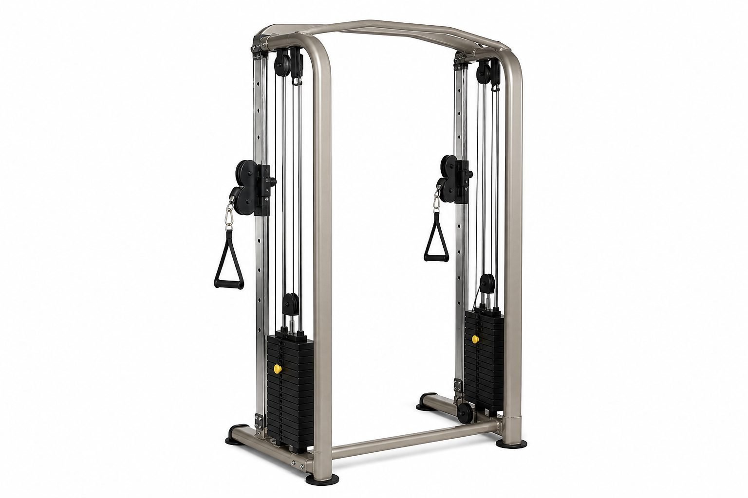 Dual selectorized weight stacks and cable routing on a compact functional trainer