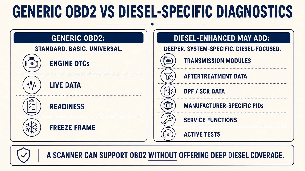 Graphic: generic OBD2 vs diesel-specific diagnostics