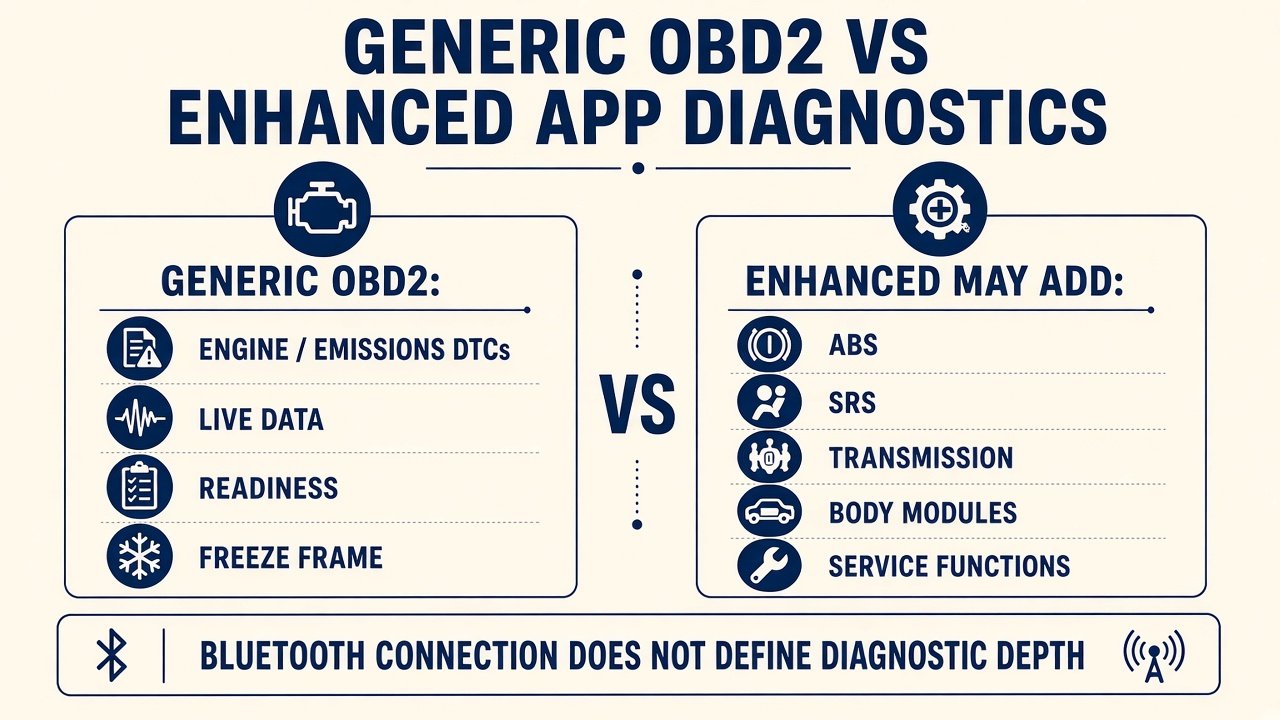 Graphic: generic OBD2 covers engine/emissions data; enhanced apps may add ABS, SRS, transmission, or service functions
