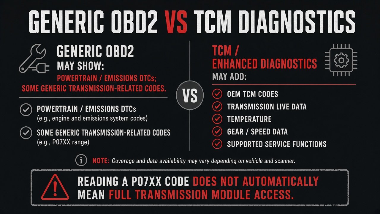 Graphic: generic OBD2 versus TCM diagnostics