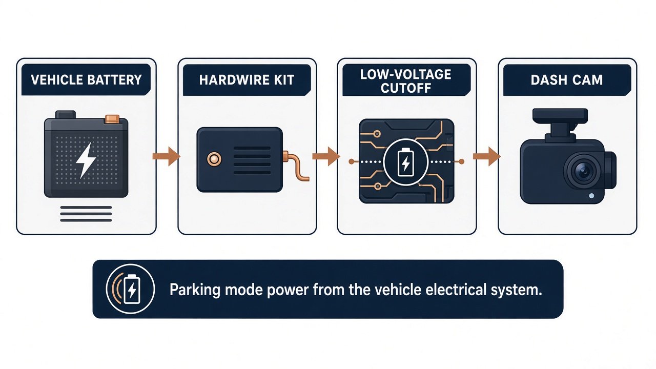 Diagram of vehicle battery powering a dash cam through a hardwire kit with low-voltage cutoff