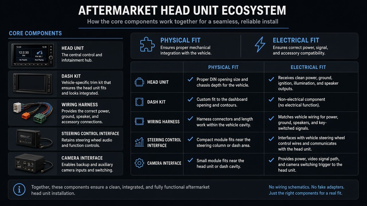 Diagram of head unit plus dash kit, wiring harness, steering-control interface, and camera interface