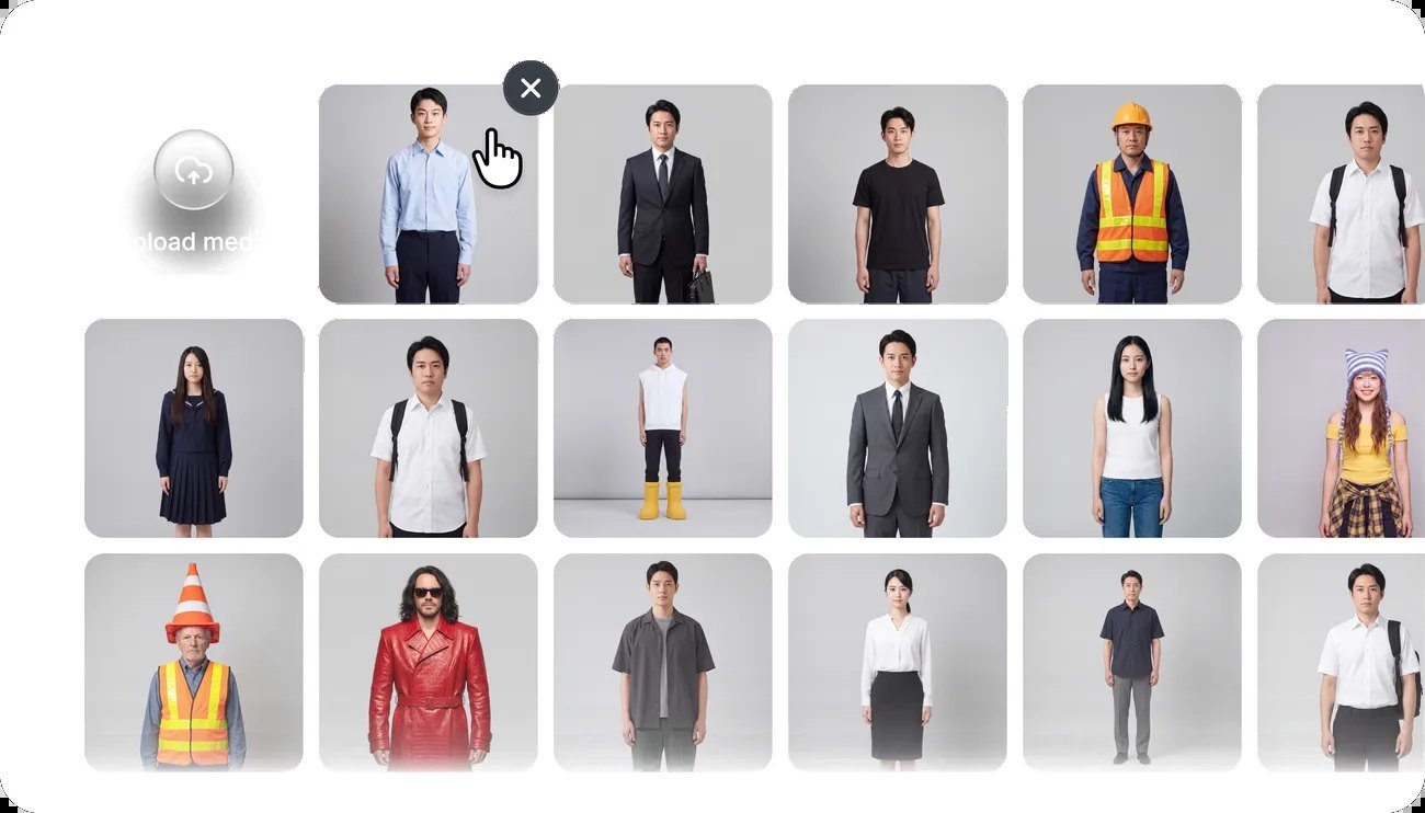 Cinema Studio media picker grid with upload control and selectable character stills