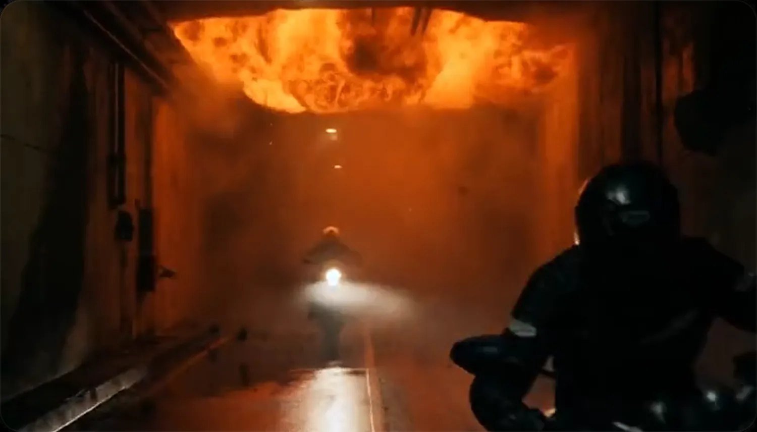 Official Cinema Studio marketing still of a motorcycle tunnel scene