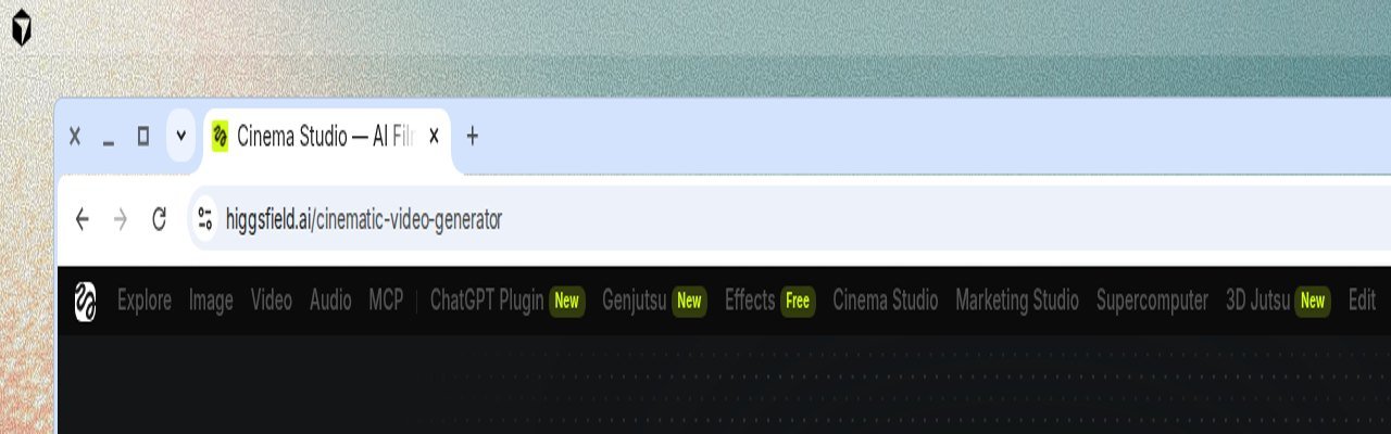 Higgsfield top navigation showing Explore Image Video Audio MCP Effects Cinema Studio Marketing Studio