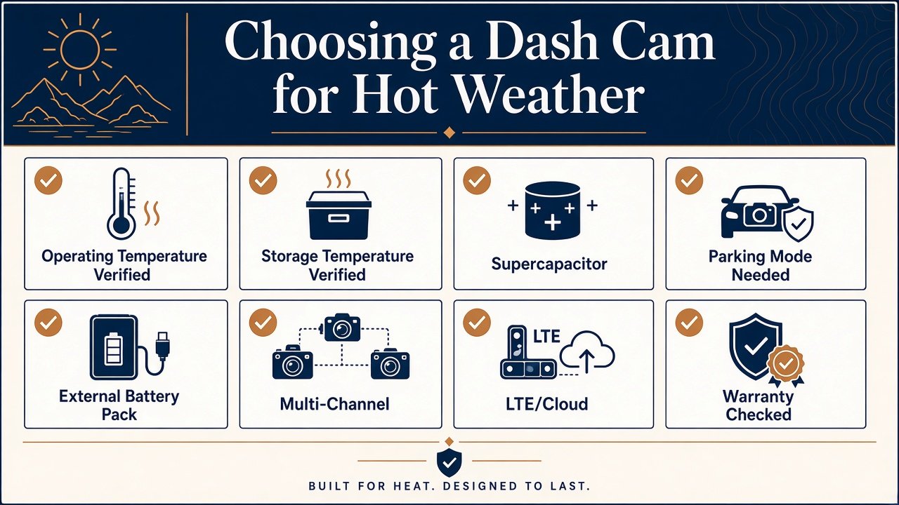 Checklist infographic for choosing a dash cam for hot weather