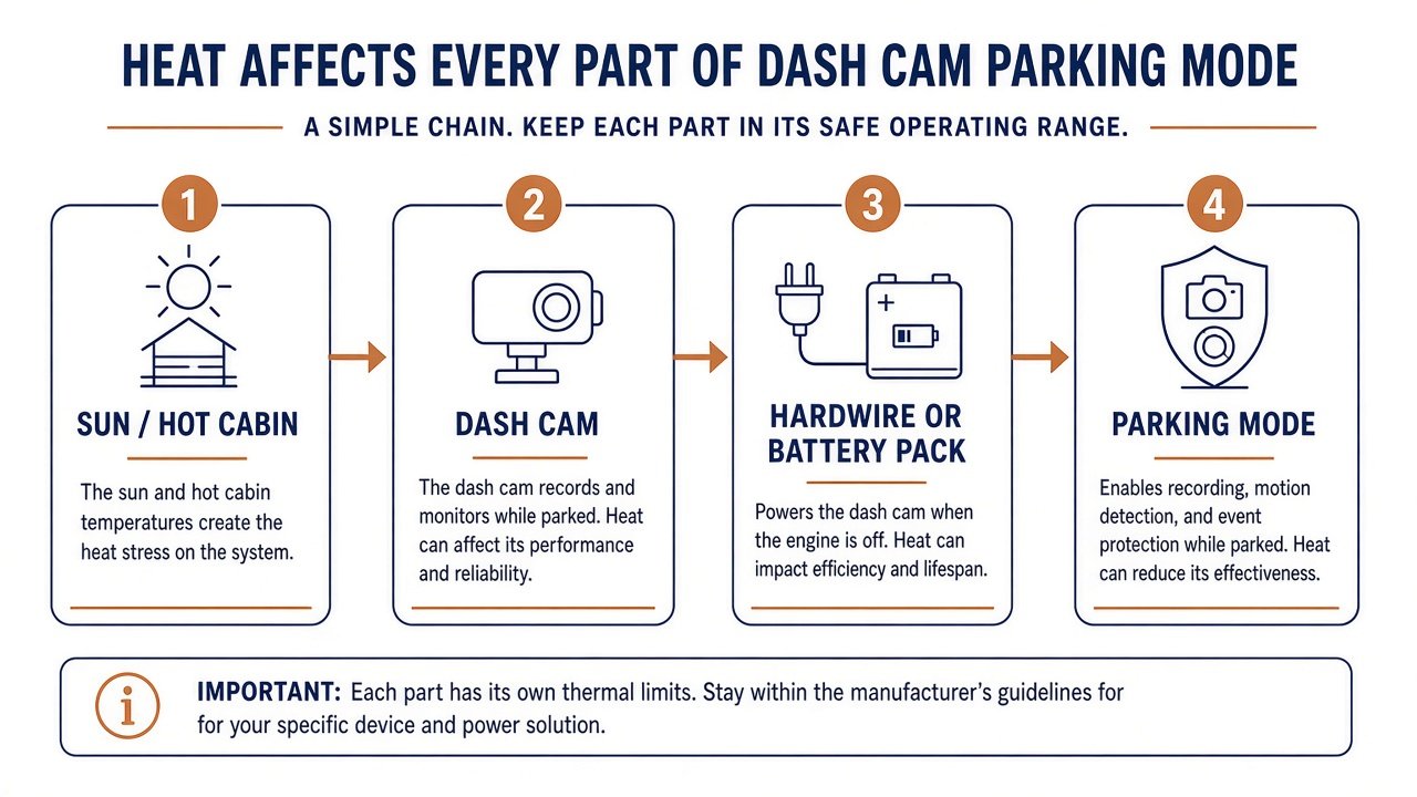 Diagram of sun and hot cabin, dash cam, hardwire or battery pack, and parking mode as one system