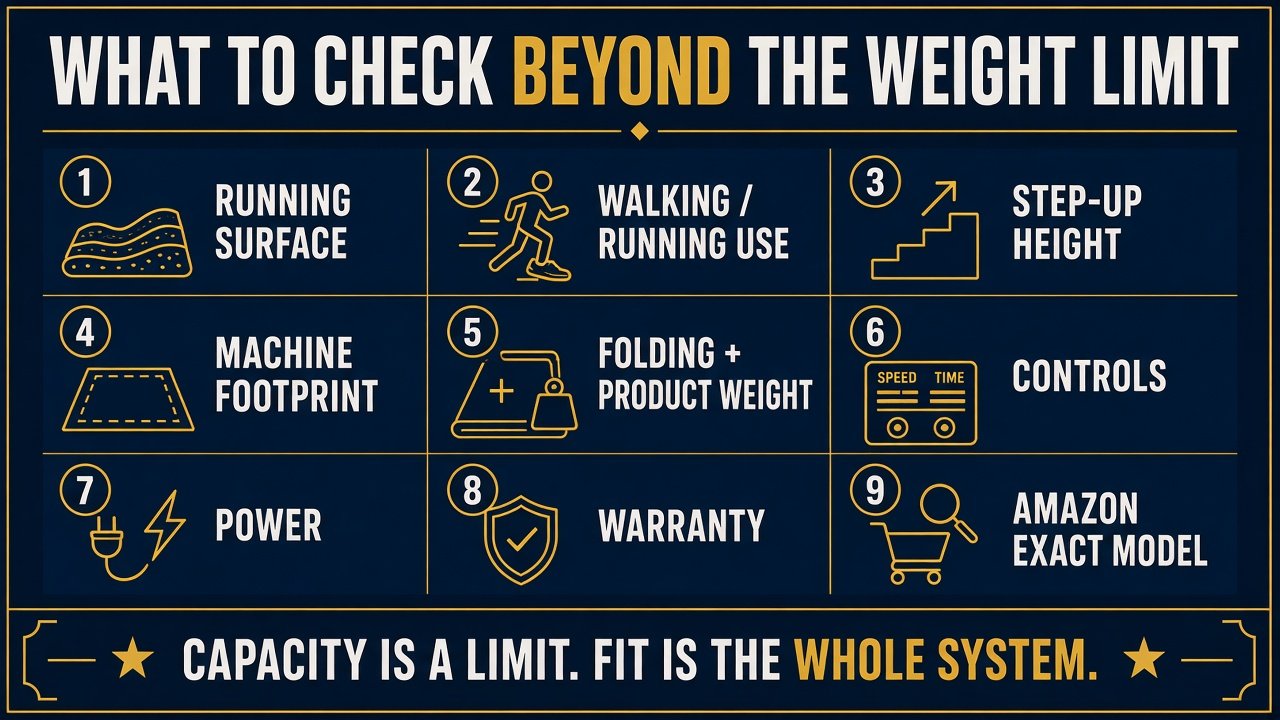 Checklist graphic of what to verify beyond a treadmill user-weight rating