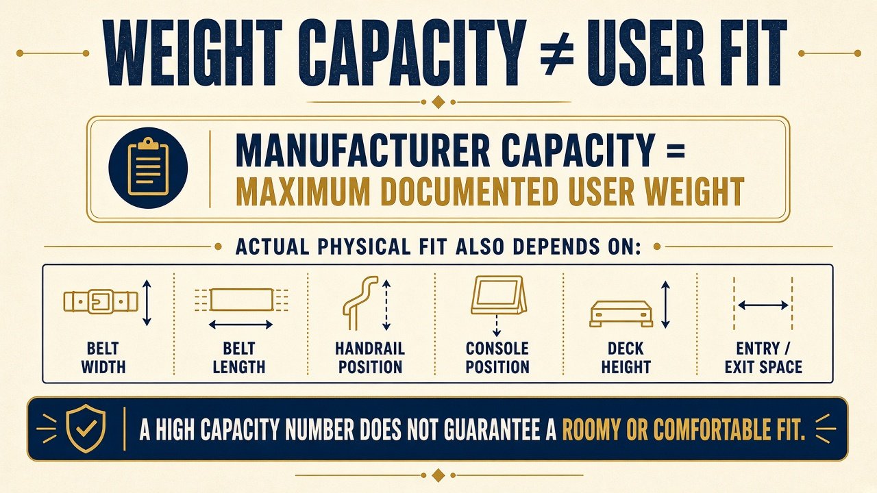 Graphic explaining that manufacturer weight capacity is not the same as physical user fit
