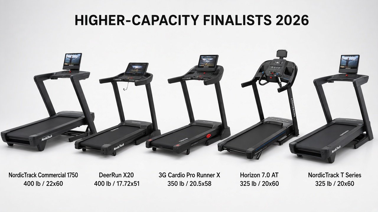Five current higher-capacity home treadmills: Commercial 1750, DeerRun X20, Pro Runner X, Horizon 7.0 AT, T Series 16