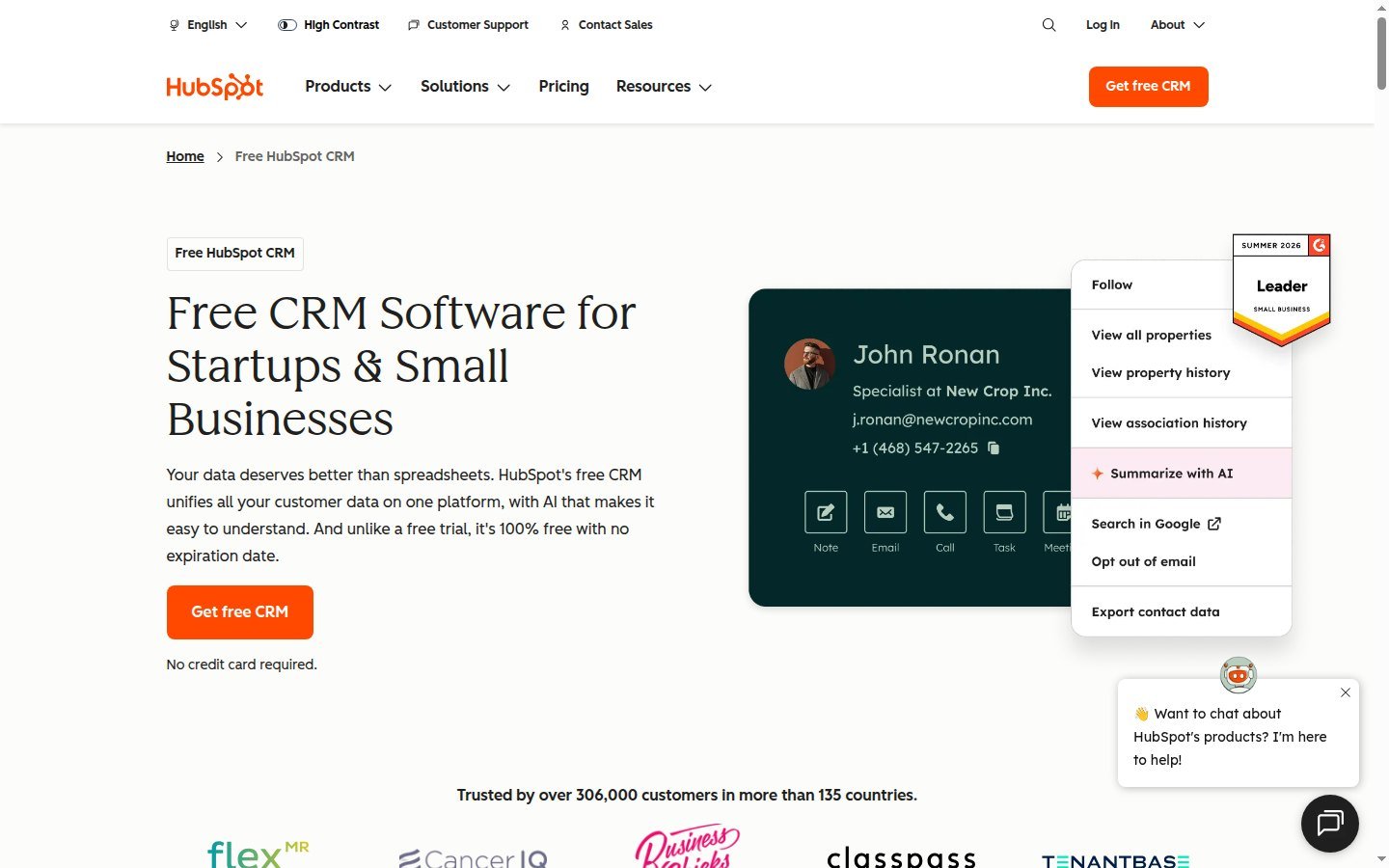 HubSpot free CRM software page for startups and small businesses