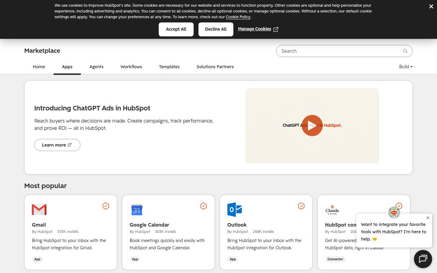 HubSpot App Marketplace showing Gmail Calendar Outlook connectors