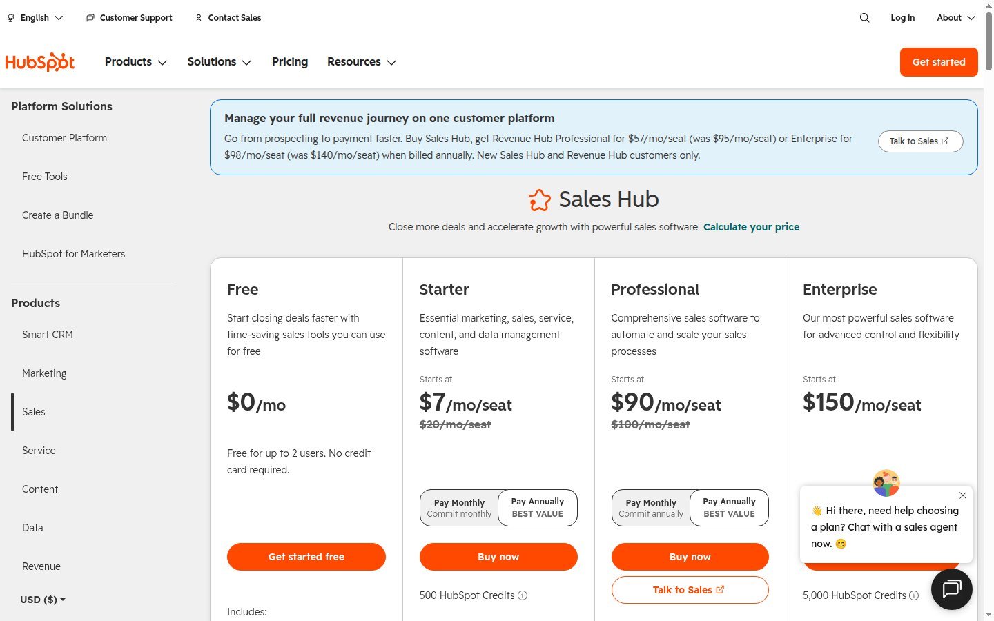 HubSpot Sales Hub official pricing cards