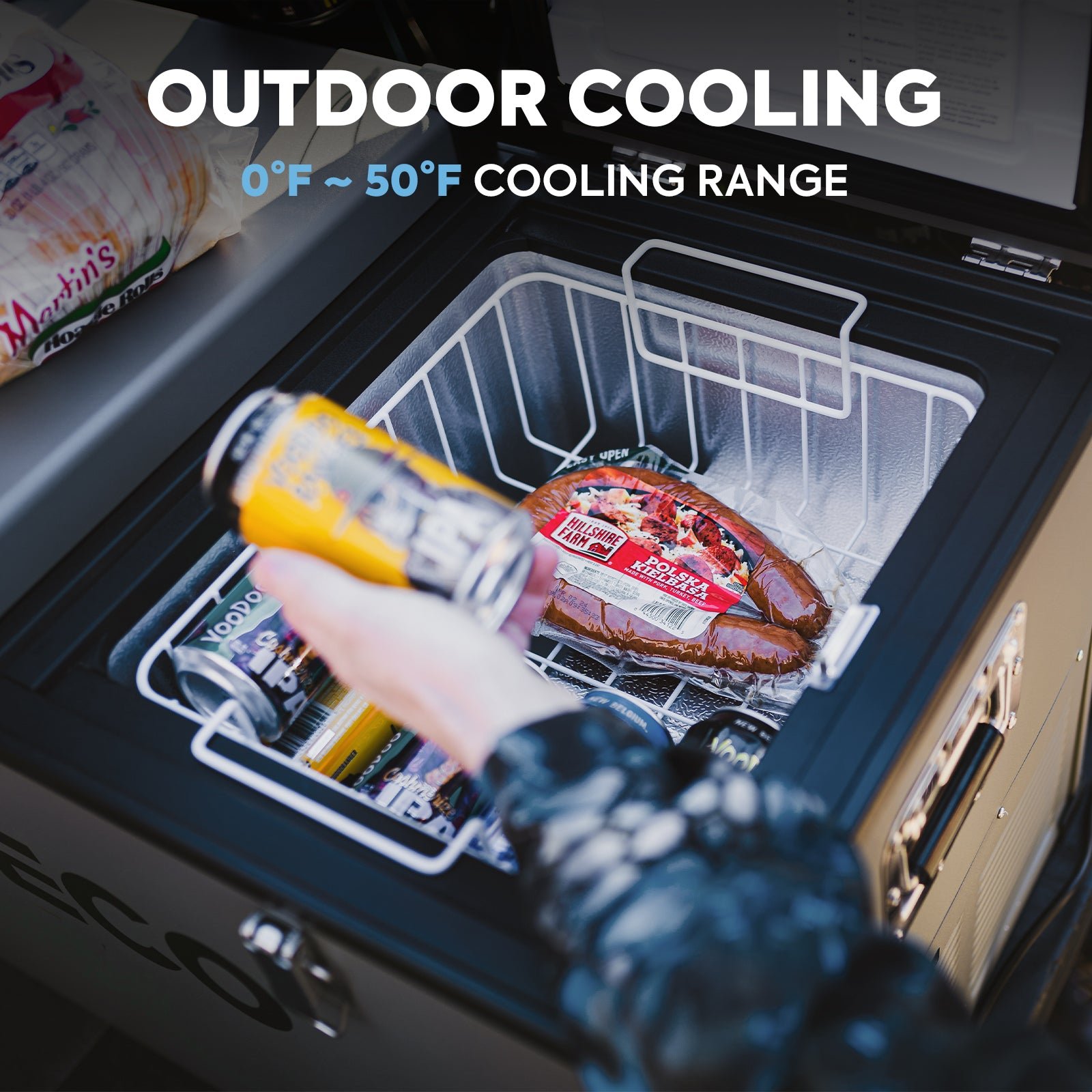 ICECO VL60 portable freezer interior with wire basket during outdoor cooling use