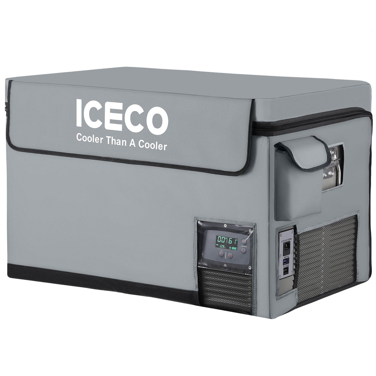 ICECO VL60 with insulated cover showing digital controls and AC plus DC power panel