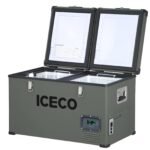 ICECO VL60 Dual Zone portable refrigerator with both lids open, wire baskets, and front digital display