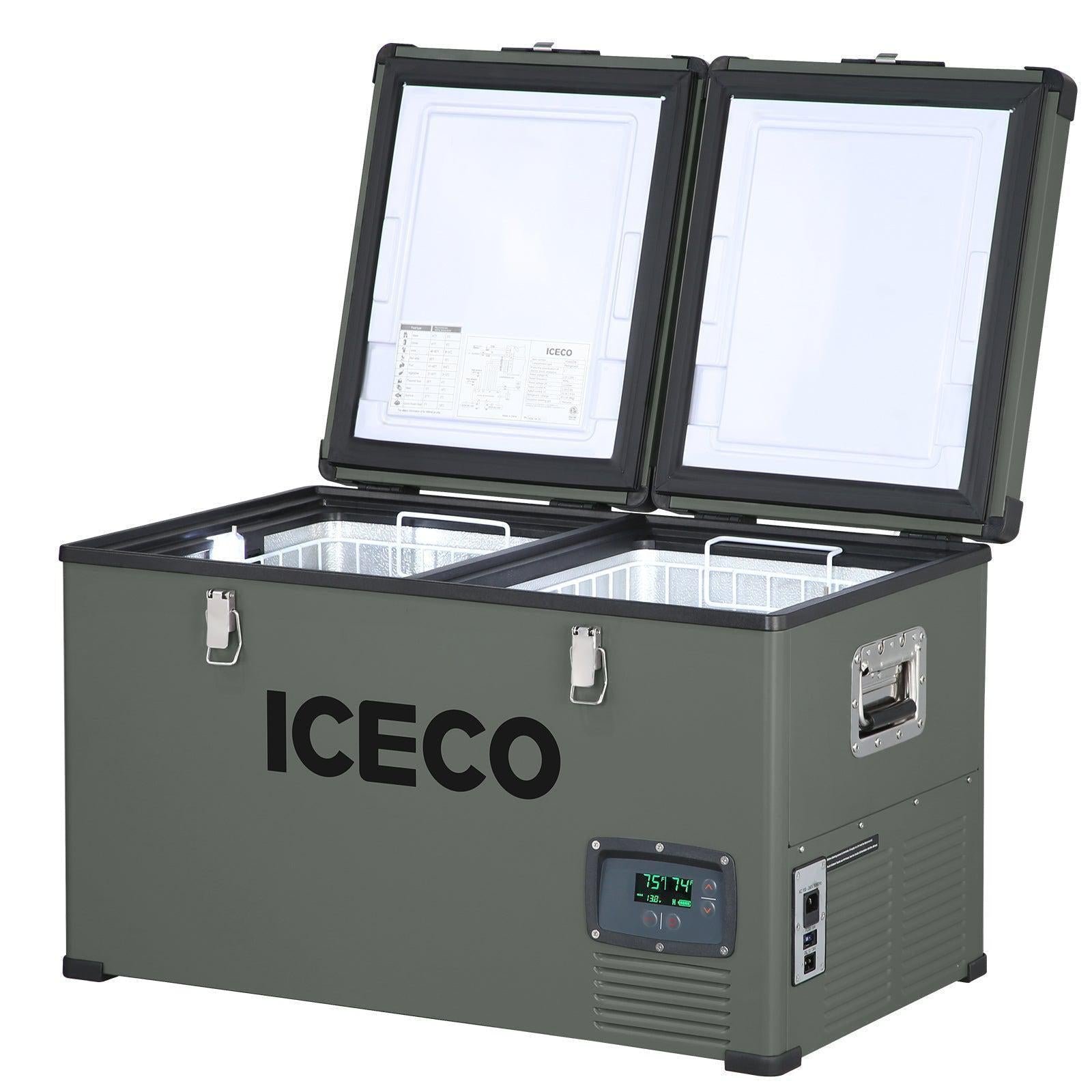 ICECO VL60 Dual Zone portable refrigerator with both lids open, wire baskets, and front digital display