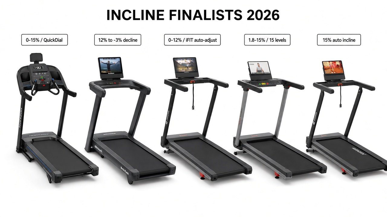 Five current incline-focused home treadmills: Horizon 7.0 AT, Commercial 1750, T Series 16, Sunny SF-T723030, DeerRun X20