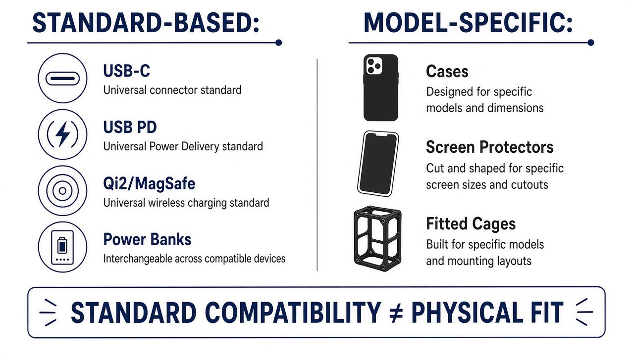 Standard-based USB-C and MagSafe accessories versus model-specific cases and glass