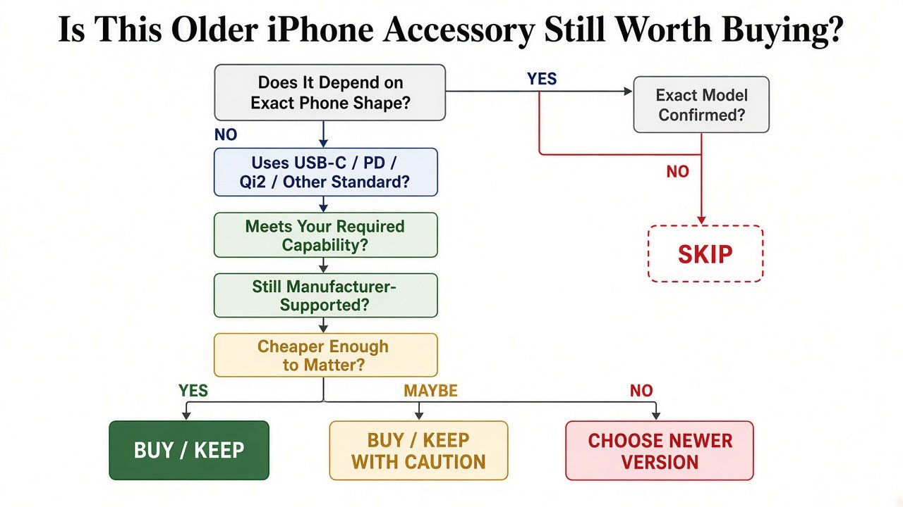Decision flow for whether an older iPhone accessory is still worth buying