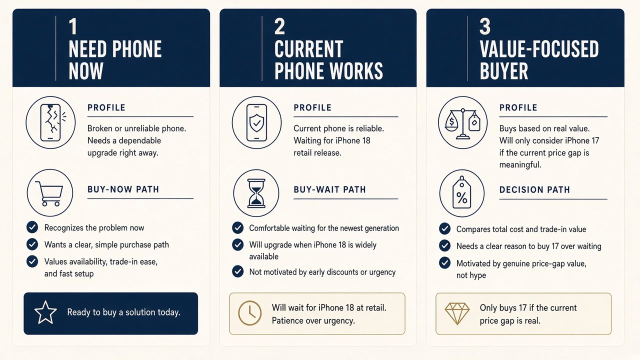 Three buyer profiles: need a phone now, current phone works, value-focused buyer