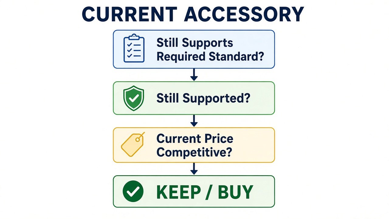 Keep or buy an accessory if the standard, support, and current price still fit