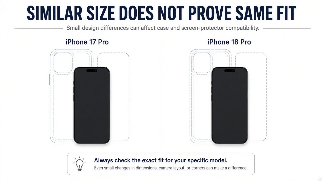 iPhone 17 Pro versus iPhone 18 Pro case and screen protector silhouettes