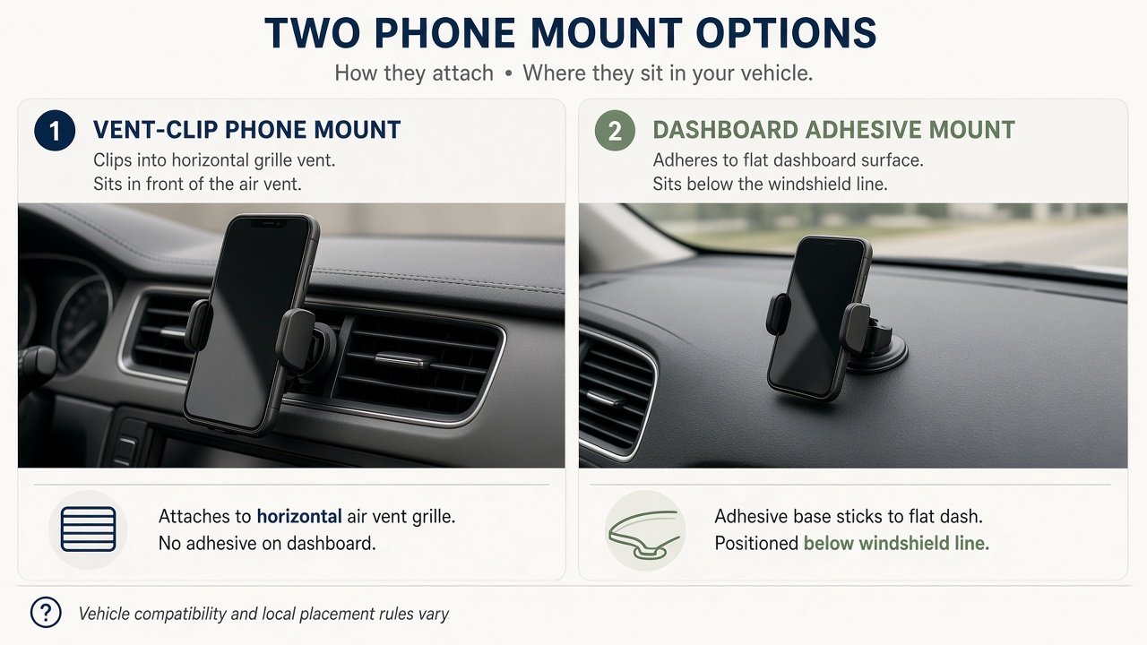 Vent clip mount versus dashboard adhesive mount