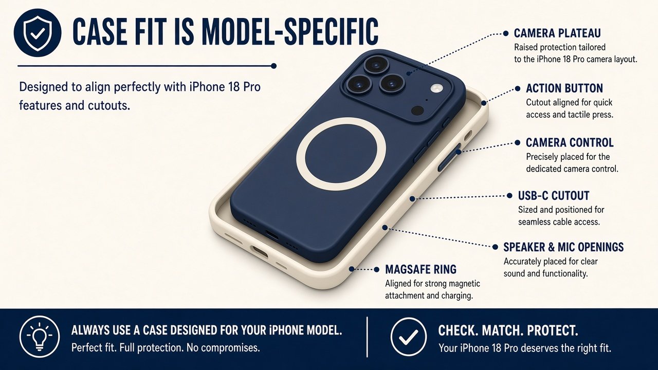Case fit anatomy: camera plateau, buttons, USB-C, MagSafe ring
