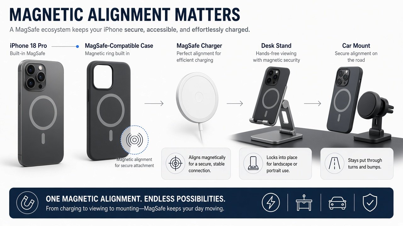iPhone 18 Pro MagSafe-compatible case with charger, stand, and car mount