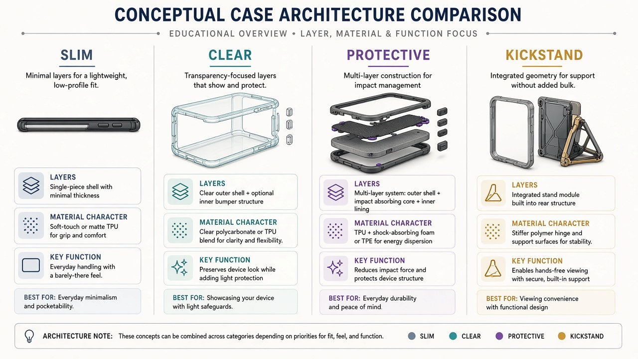 Slim, clear, protective, and kickstand case architectures