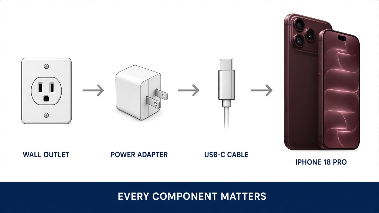 Wall outlet to adapter to USB-C cable to iPhone 18 Pro