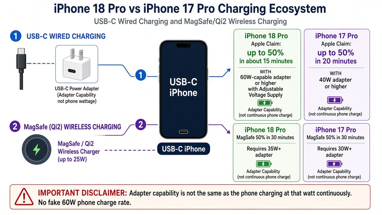 Diagram of USB-C wired charging and MagSafe wireless charging for iPhone 18 Pro and iPhone 17 Pro