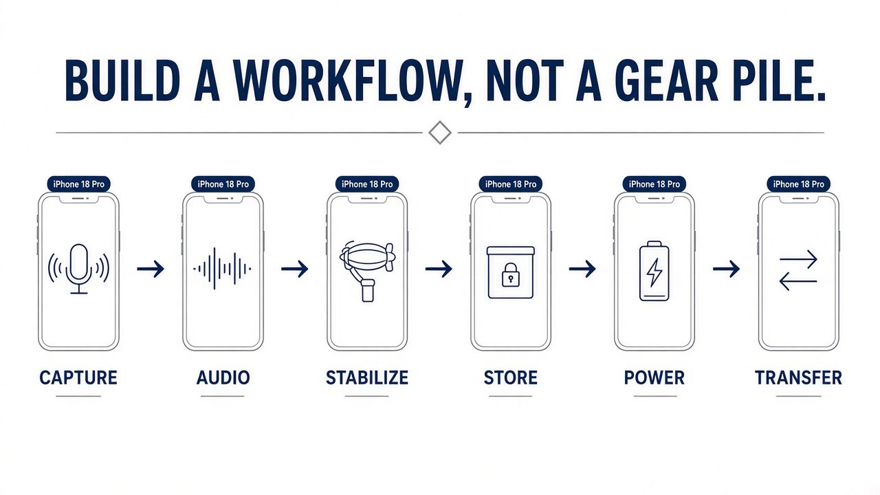 Creator workflow: capture, audio, stabilize, store, power, transfer