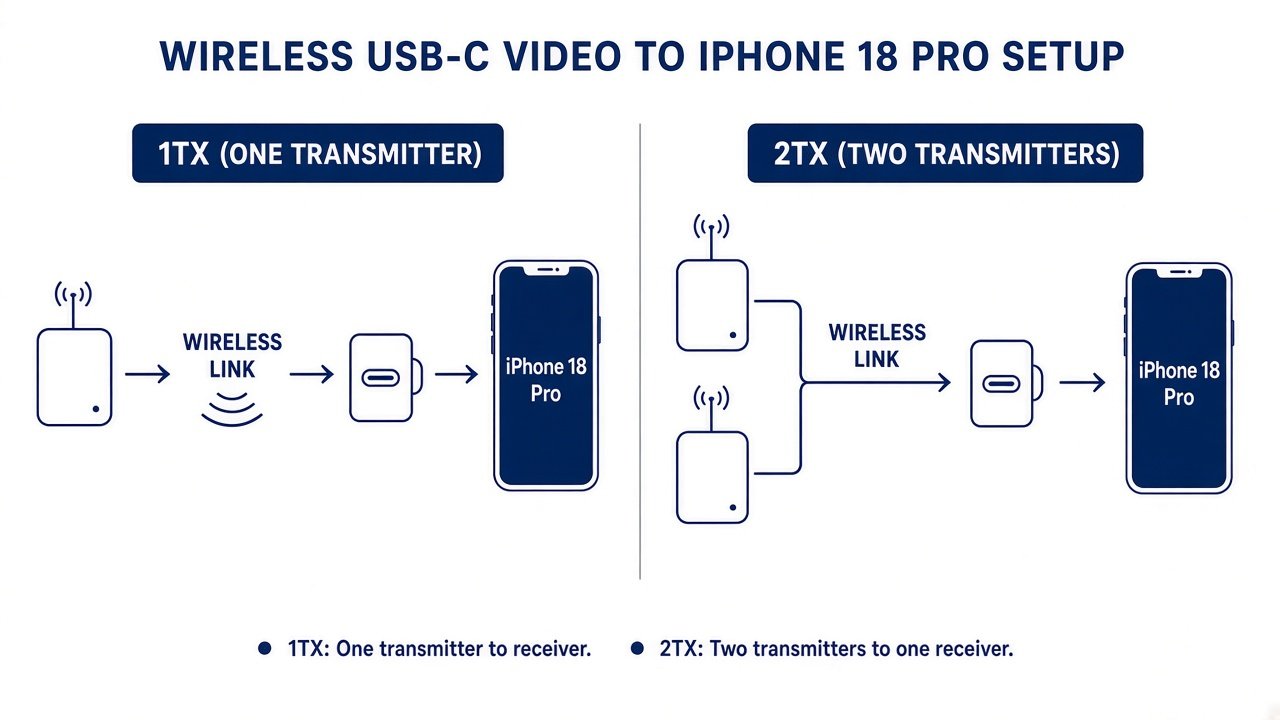 Transmitter to wireless link to USB-C receiver to iPhone 18 Pro, one versus two transmitters