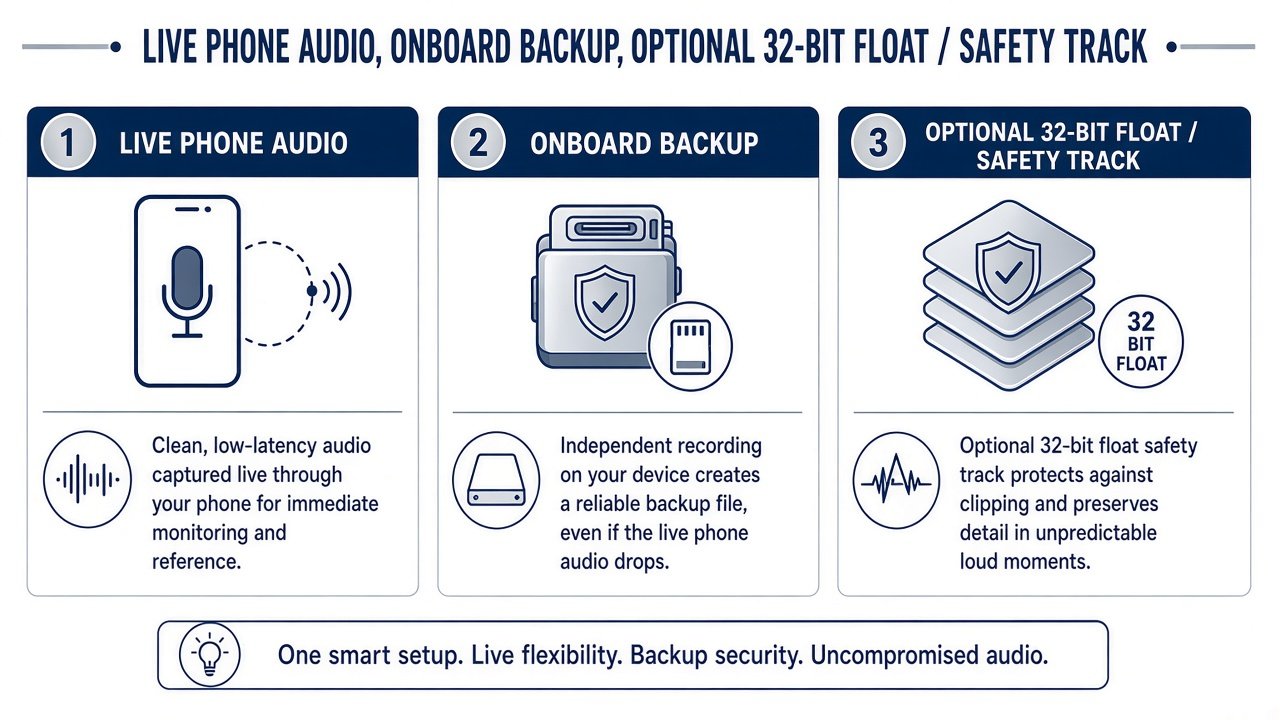 Live phone audio plus onboard backup and optional 32-bit float or safety track