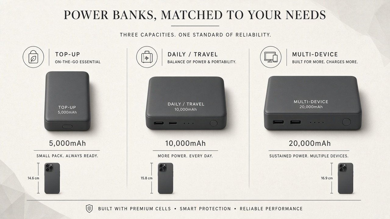 5,000mAh top-up, 10,000mAh daily travel, 20,000mAh multi-device capacity classes