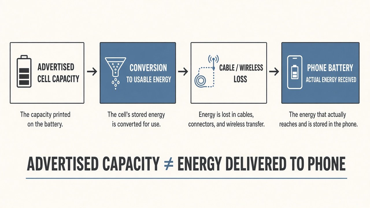 Advertised cell capacity versus energy delivered to the phone after conversion losses