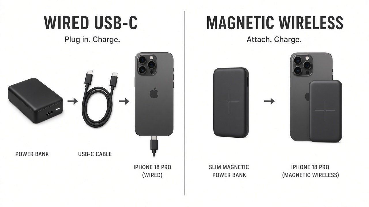 Wired USB-C power bank versus magnetic wireless power bank for iPhone 18 Pro