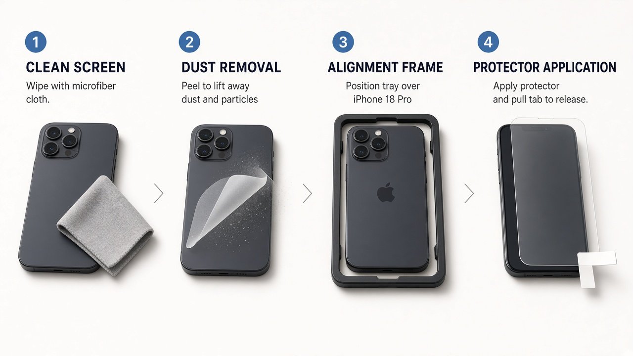 Clean, dust removal, alignment frame, then apply