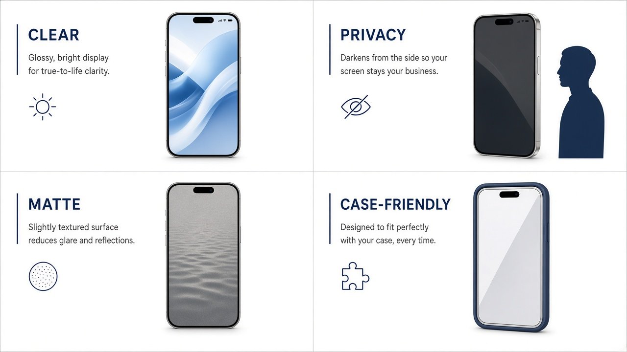 Clear, privacy, matte, and case-friendly protector types